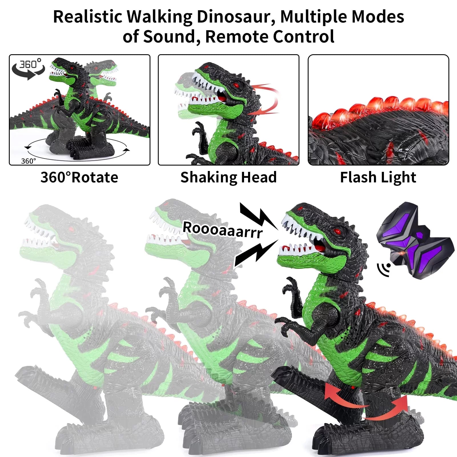 UUGEE Remote Control Dinosaur Toys for Boys Girls 2.4G RC Robot T-rex with Light Sound, Black