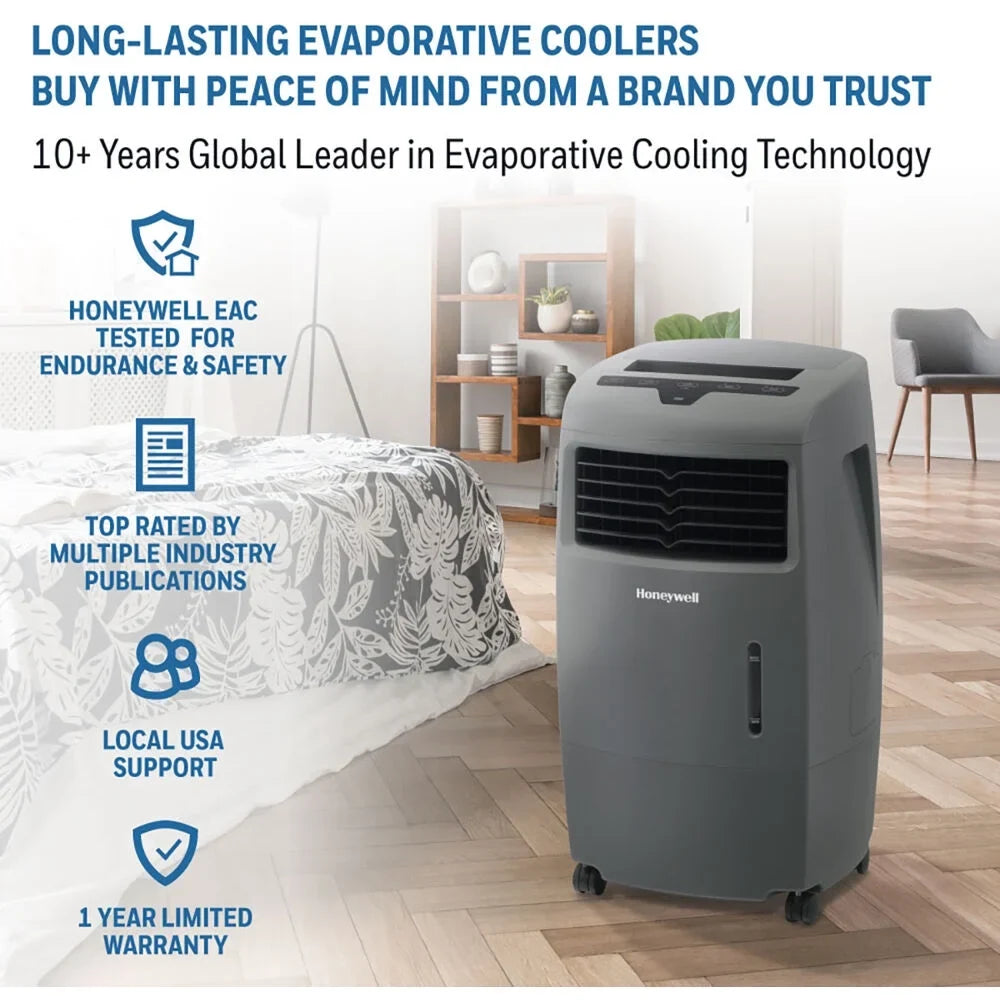 Honeywell 500-694CFM Indoor Outdoor Portable Evaporative Cooler with Fan & Humidifier, Ice Compartment & Remote Control, CO25AE, Gray