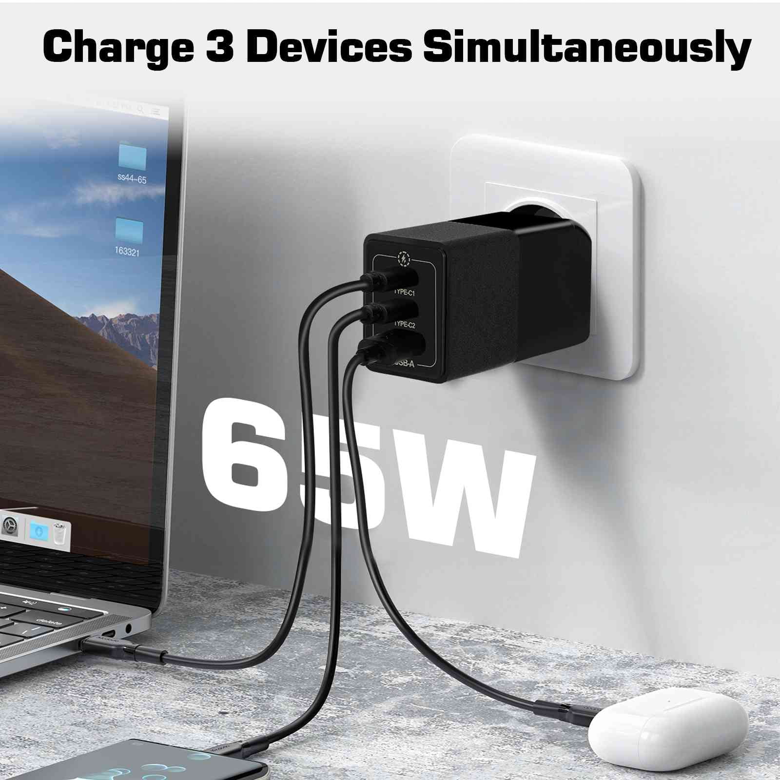 UrbanX 65W Fast Travel Charger with 3 Ports - USB & Dual USB-C - High-Speed Charging Compatible with Coolpad Cool S1, iPhone, Samsung Galaxy, Google Pixel, MacBook, Steam Deck, Laptops & Phones