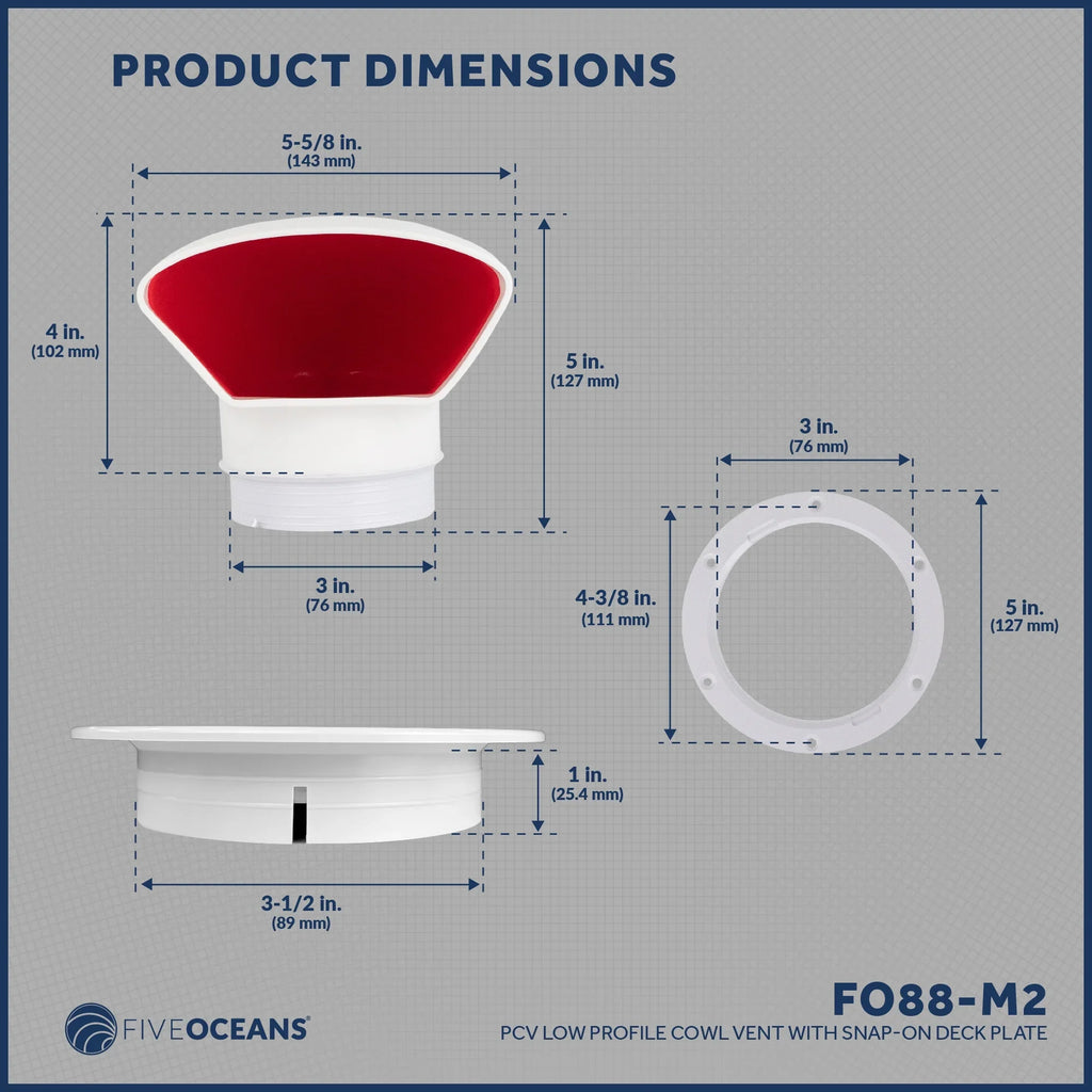 Five Oceans  3-Inch Cowl Vent with Snap-On Deck PLatitudee and Cover, 2 Pack Low Profile UV-Resistant and Flexible PVC, Red Interior, for Air Intake or Cabin VentiLatitudeion - FO88-M2