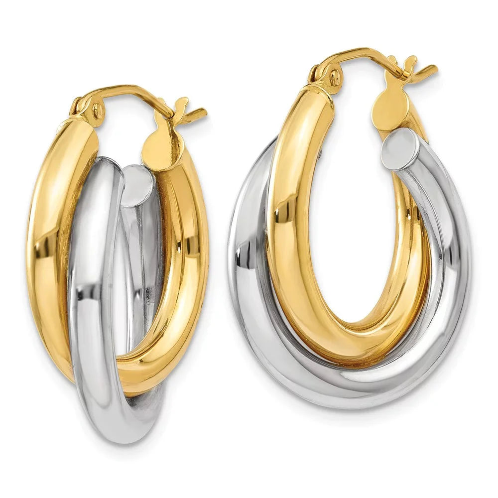 Real 14kt Two-tone Polished Double Tube Hoop Earrings; for Adults and Teens; for Women and Men