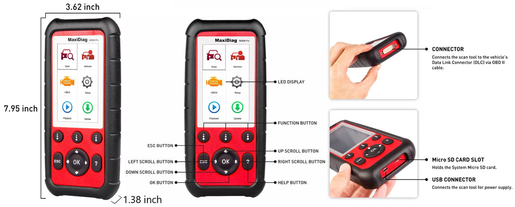 Autel MaxiDiag MD808 Pro With Extension Cable OBD2 Scanner Code Reader Read/Clear Codes DTC Lookup 7 Special Features Oil Reset Battery Reset EPB SAS BMS Upgraded MD806 MD802 AL329 AL529 AL609 AL629