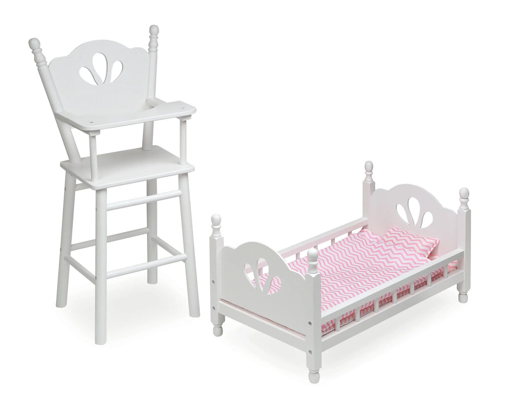 Badger Basket English Country High Chair and Bed with Bedding for 18 inch Dolls - White/Pink