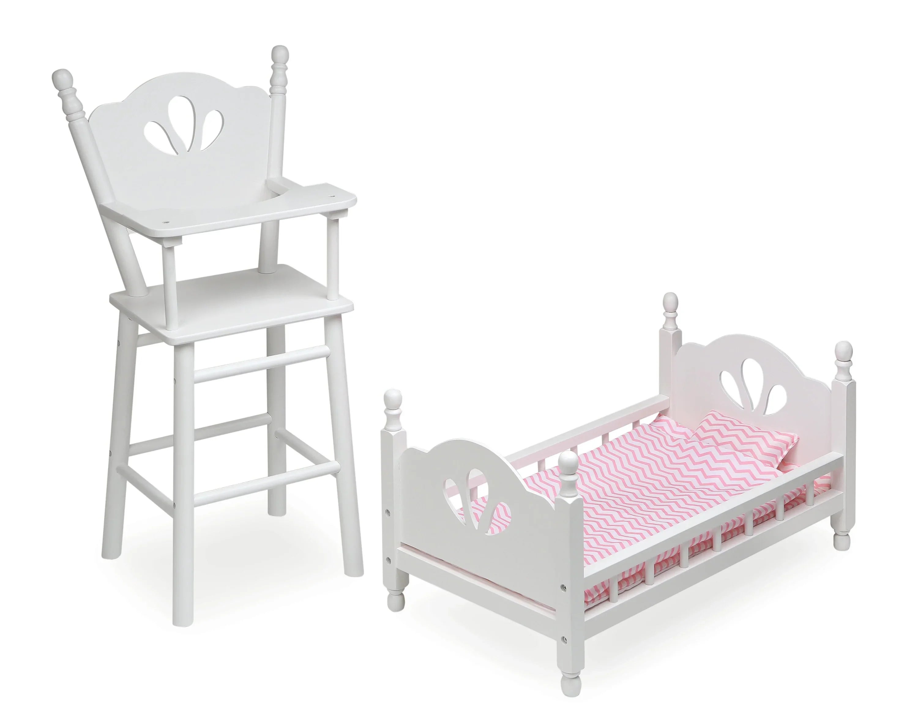 Badger Basket English Country High Chair and Bed with Bedding for 18 inch Dolls - White/Pink