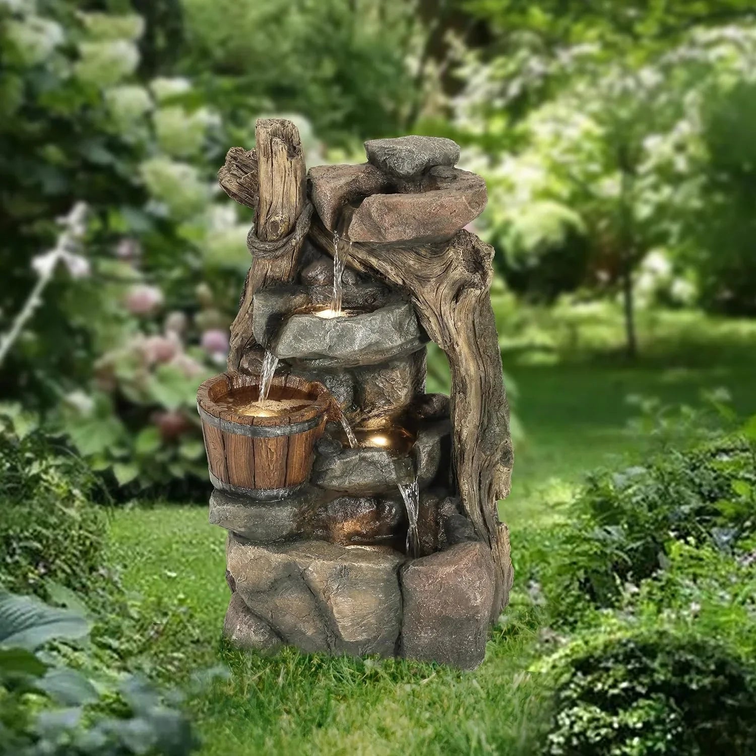 Resin Stacked Rock Wall And Barrel Outdoor Fountain With LED Lights