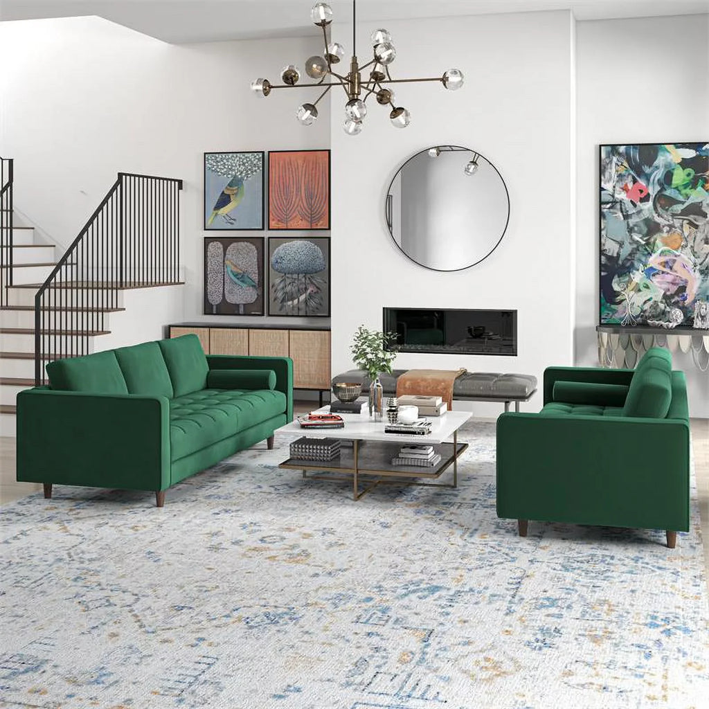 Tahir Mid-Century Pillow Back Velvet Sofa Set in Green