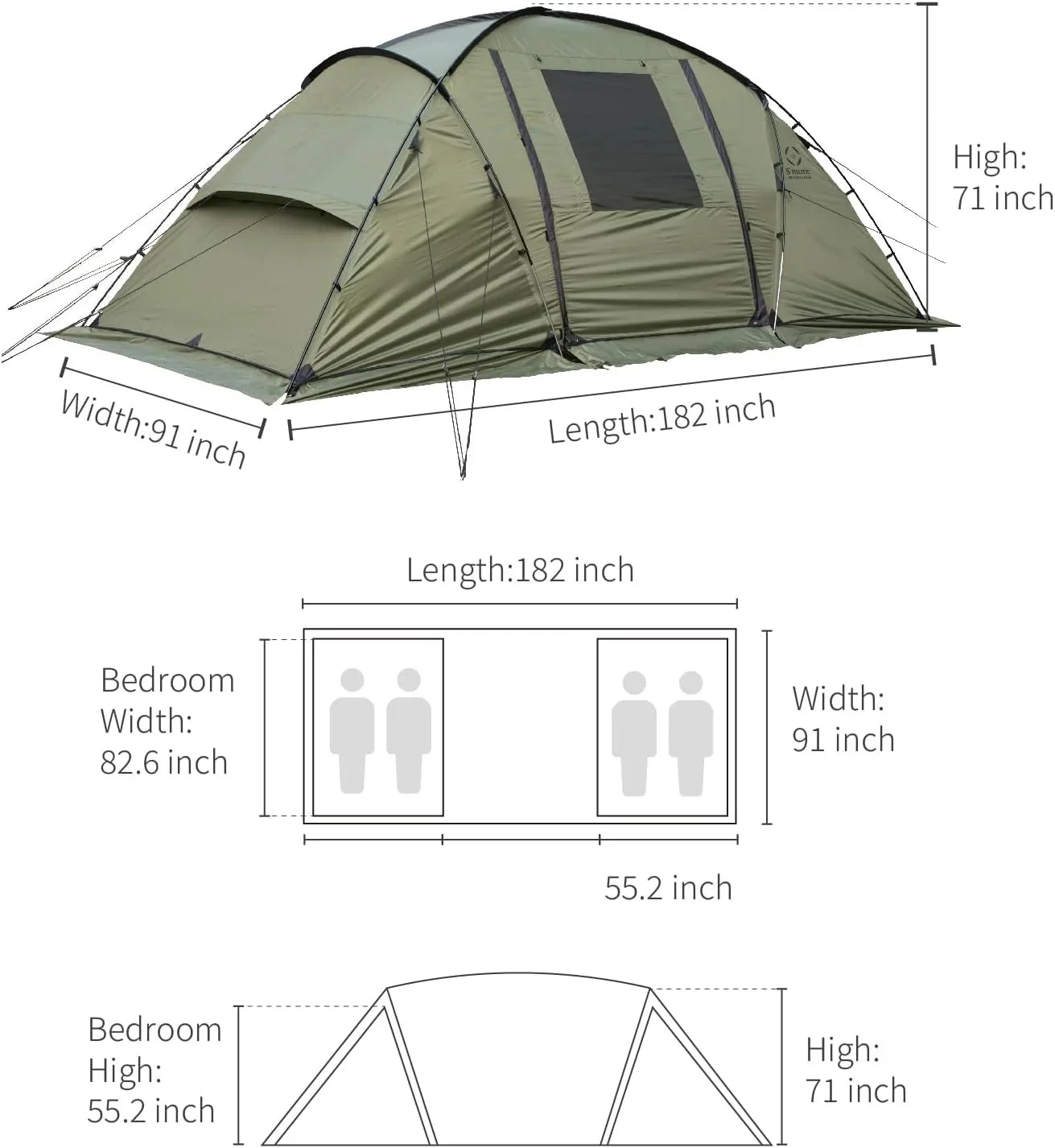 YANPO Glamping Tent with Porch, 2/3/4/5/6 Person Durable Weatherproof Camping Tent, Large Family Tent with Room Divider, Easy Setup Tent with Screen Room
