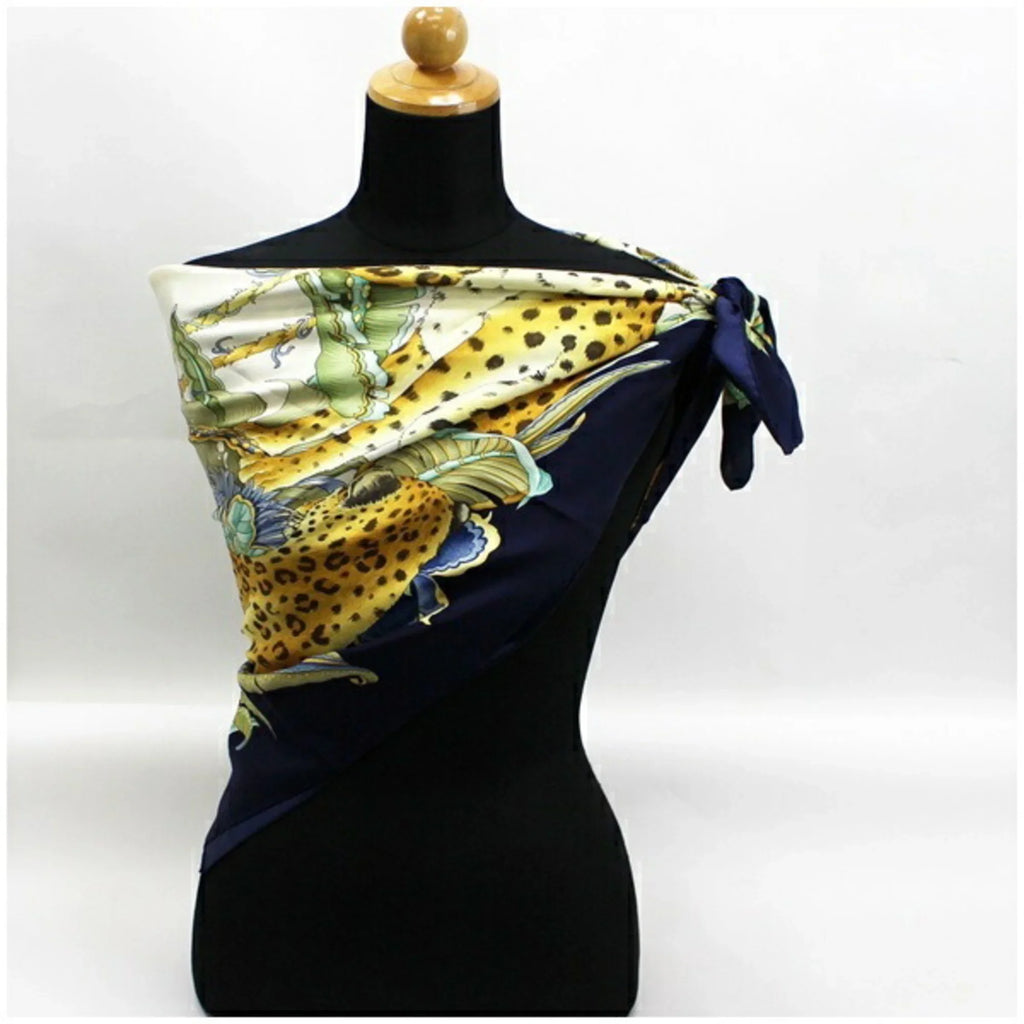 Pre-Owned Salvatore Ferragamo silk scarf leopard print plant pattern navy x ivory ladies (Good)
